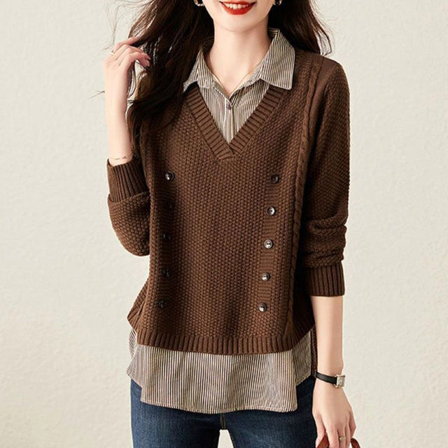 Women's Knit Sweater Splice Shirt Brown Blouses - Tophatter Daily Deals