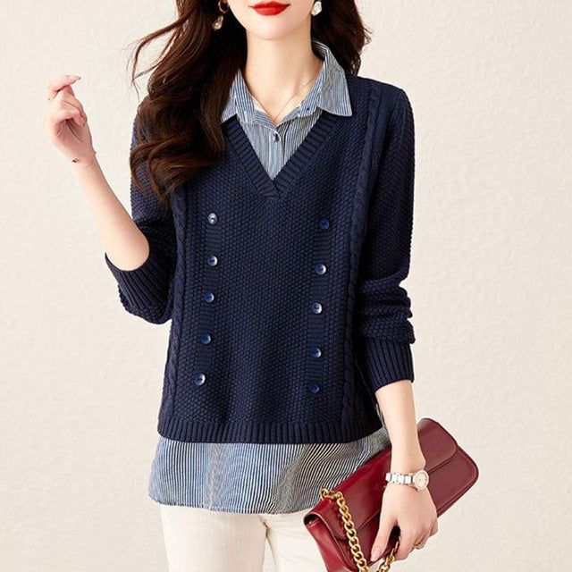 Women's Knit Sweater Splice Shirt Navy Blouses - Tophatter Daily Deals