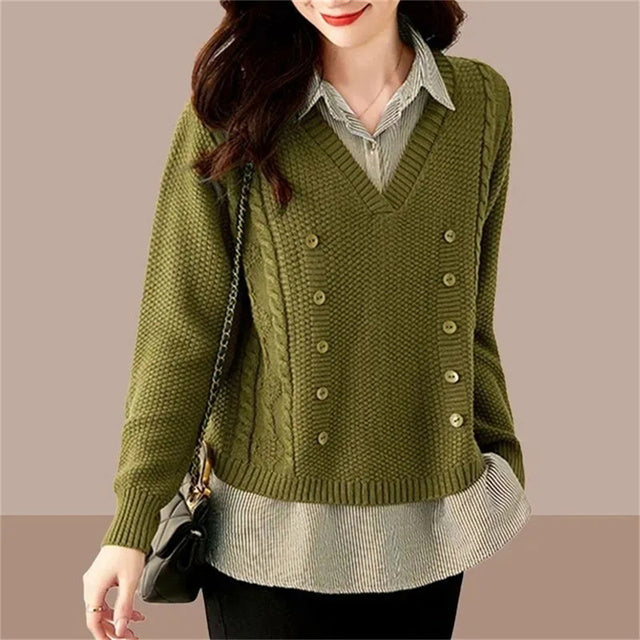 Women's Knit Sweater Splice Shirt Green Blouses - Tophatter Daily Deals