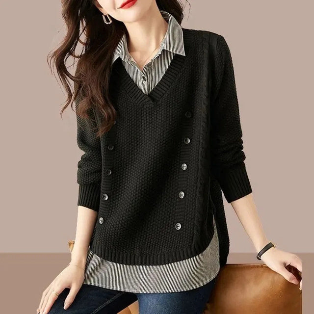 Women's Knit Sweater Splice Shirt Black Blouses - Tophatter Daily Deals