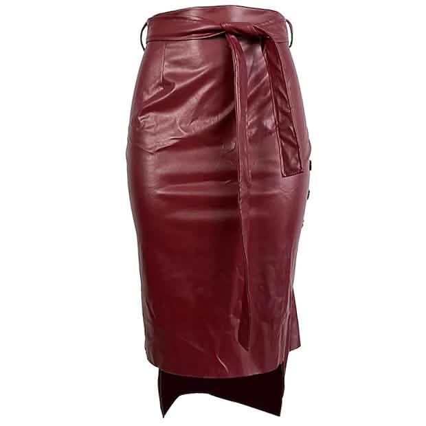 Knotted PU Leather Slit Skirt Wine Red Women's Bottoms - Tophatter Daily Deals