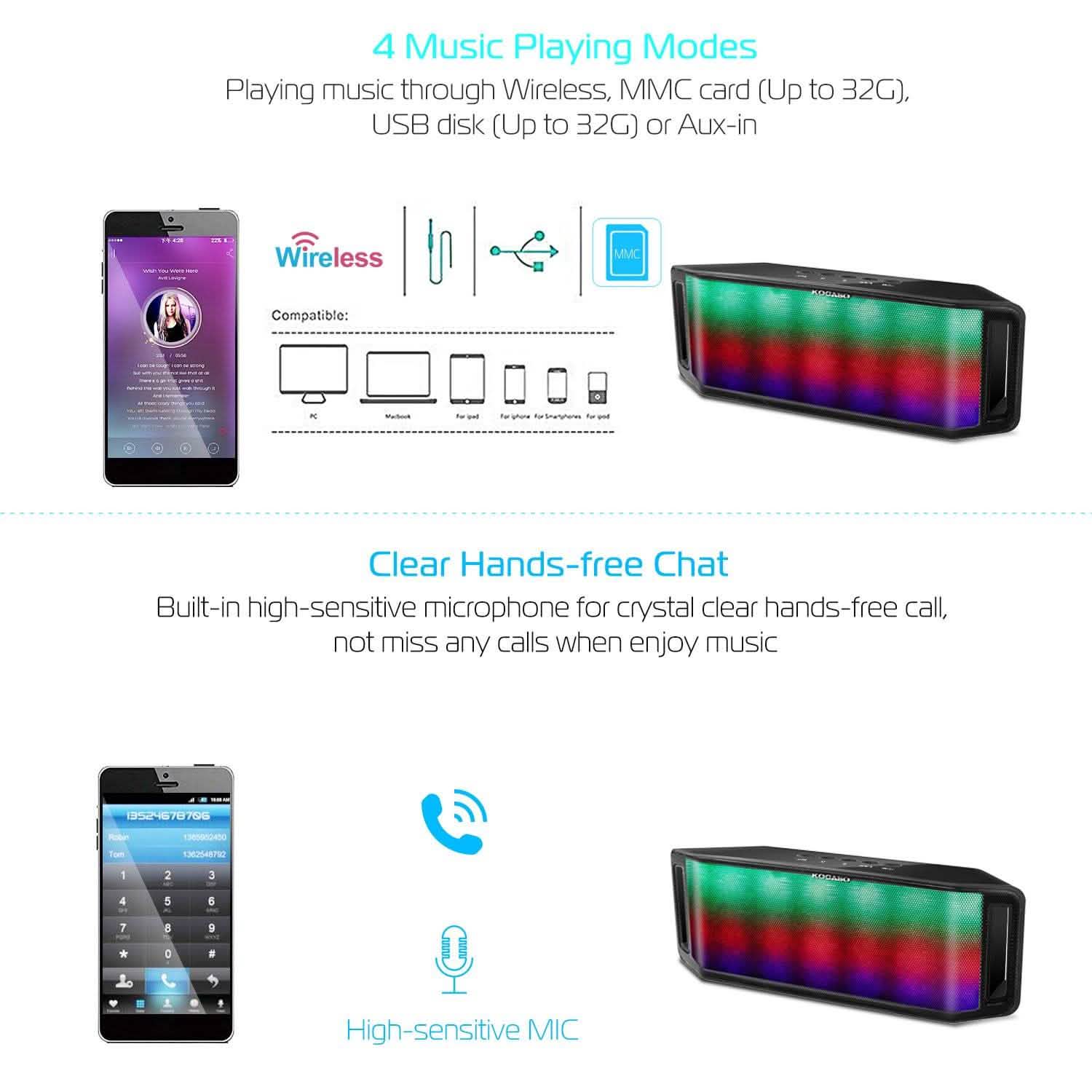 KOCASO LED Wireless Speaker Dynamic Multicolor Hands-Free Speakers - Tophatter Daily Deals