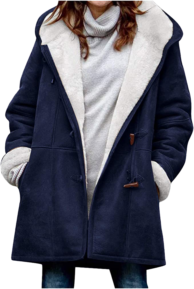 Warm Womens Winter Jacket - Hooded Mid-Thigh, Suede Navy blue - Tophatter Daily Deals