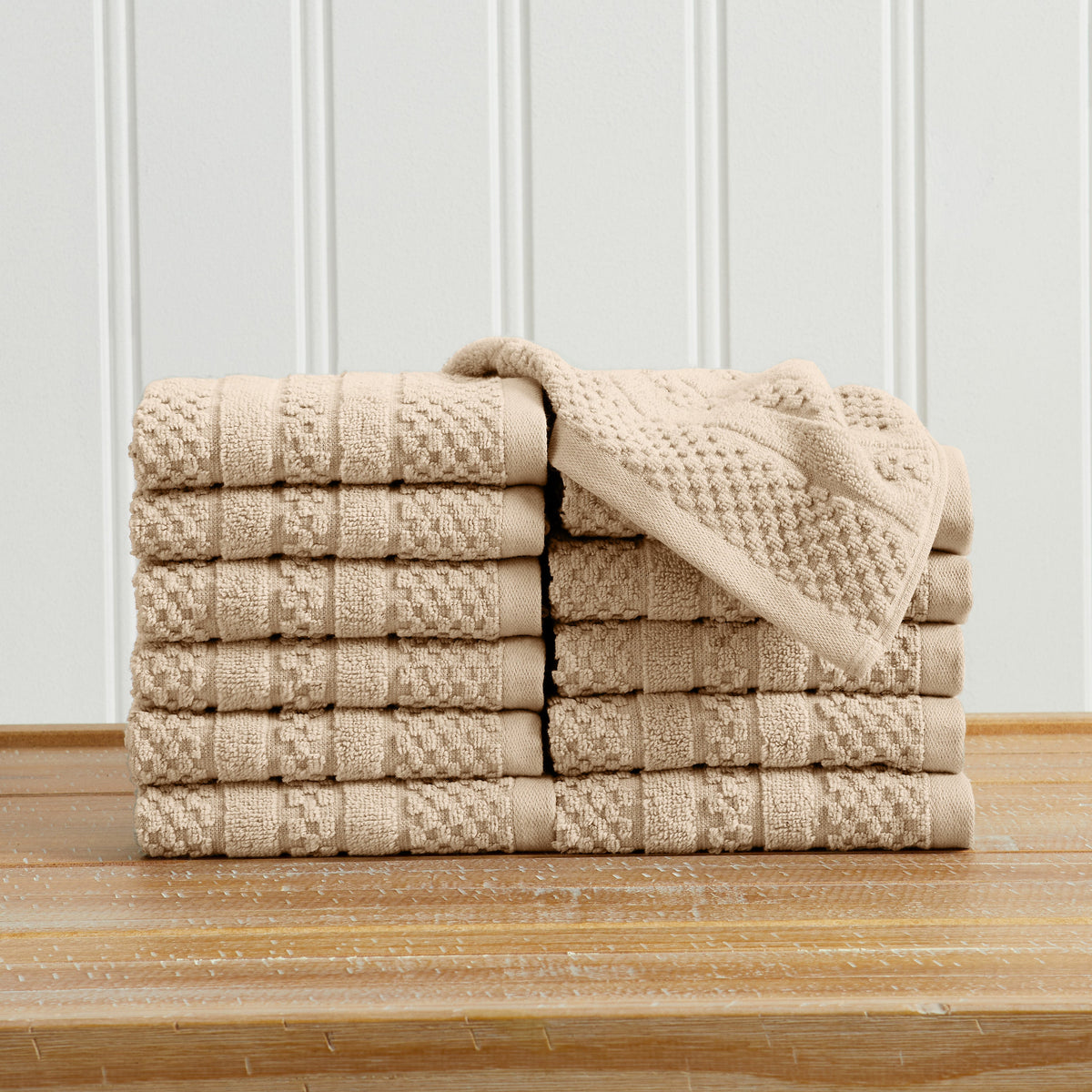 100% Cotton Checkered Jacquard Bath Towel Set - Giuliana Collection Washcloth (Pack of 12) Sandstone Bath - Tophatter Daily Deals