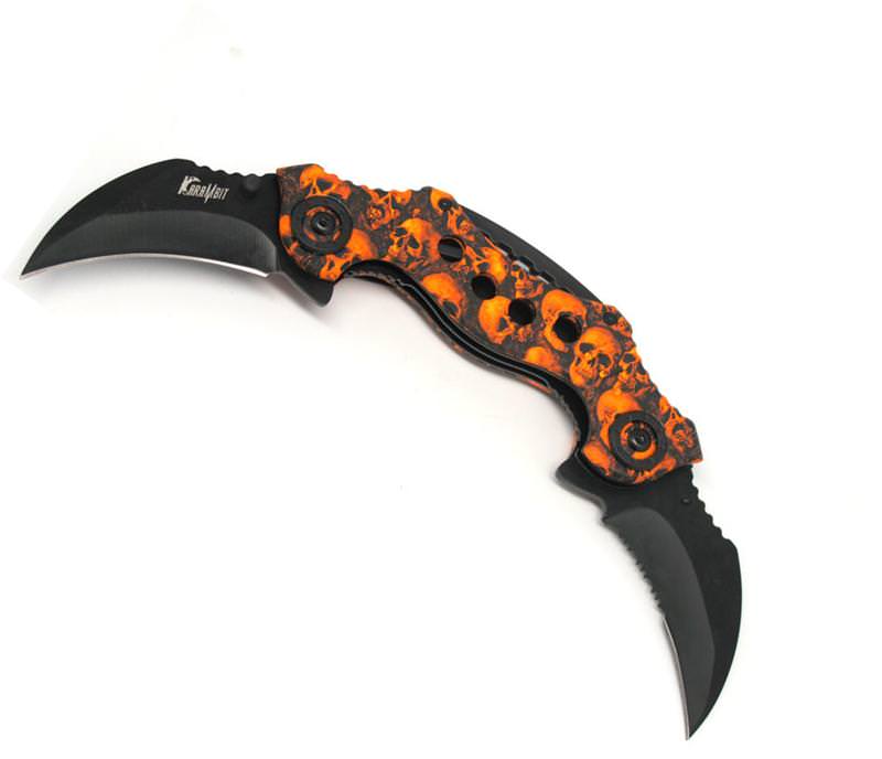Double Trouble Dual Blade Karambit Assisted Open Knife - Orange Skull Camo - TOPHATTER'S ARMORY DEALS Collectible Weapons - Tophatter Daily Deals