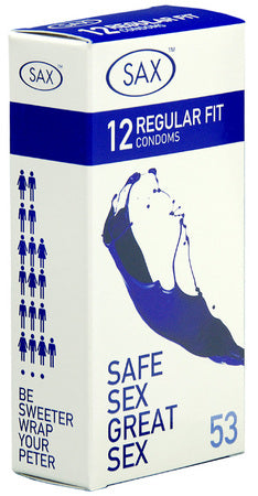 Sax Condoms Regular – 53mm Nominal Width Latex Condoms Pack of 12 > Essentials > Condoms - Tophatter Daily Deals