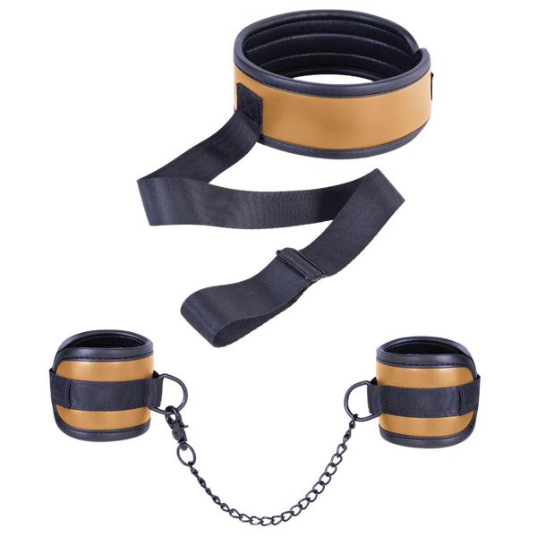 Adjustable Brown Collar with Handcuffs – Velcro Lock, Webbing Strap, 22.4cm Chain > Bondage Gear > Restraints - Tophatter Daily Deals