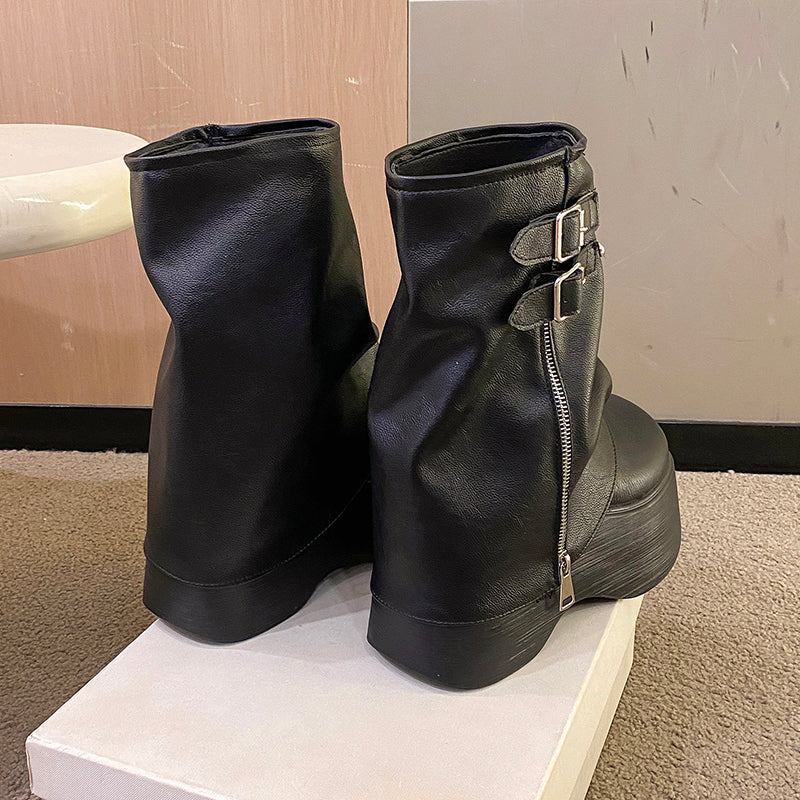Soft Leather Ankle Mid Calf Chunky Motorcycle Boots Boots - Tophatter Daily Deals