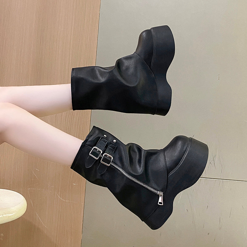 Soft Leather Ankle Mid Calf Chunky Motorcycle Boots Boots - Tophatter Daily Deals