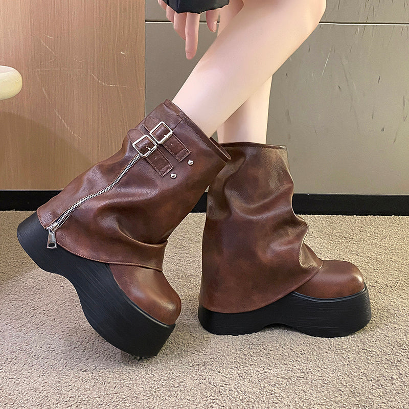 Soft Leather Ankle Mid Calf Chunky Motorcycle Boots Boots - Tophatter Daily Deals