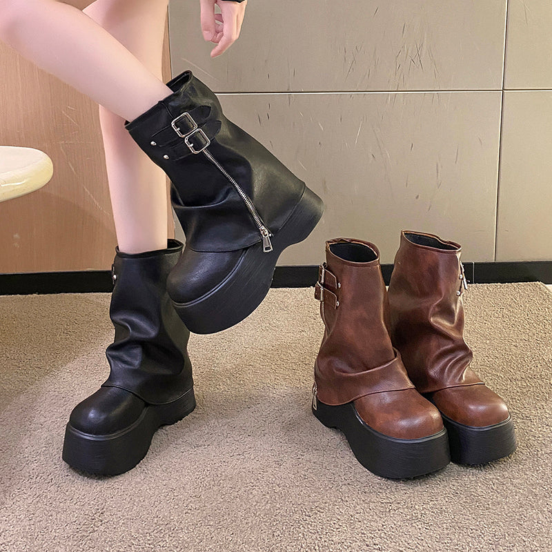 Soft Leather Ankle Mid Calf Chunky Motorcycle Boots Boots - Tophatter Daily Deals