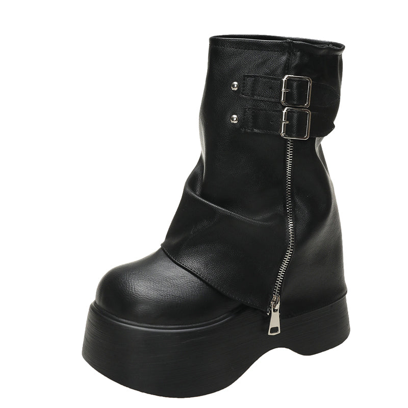 Soft Leather Ankle Mid Calf Chunky Motorcycle Boots Black Boots - Tophatter Daily Deals