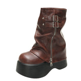 Soft Leather Ankle Mid Calf Chunky Motorcycle Boots Brown Boots - Tophatter Daily Deals