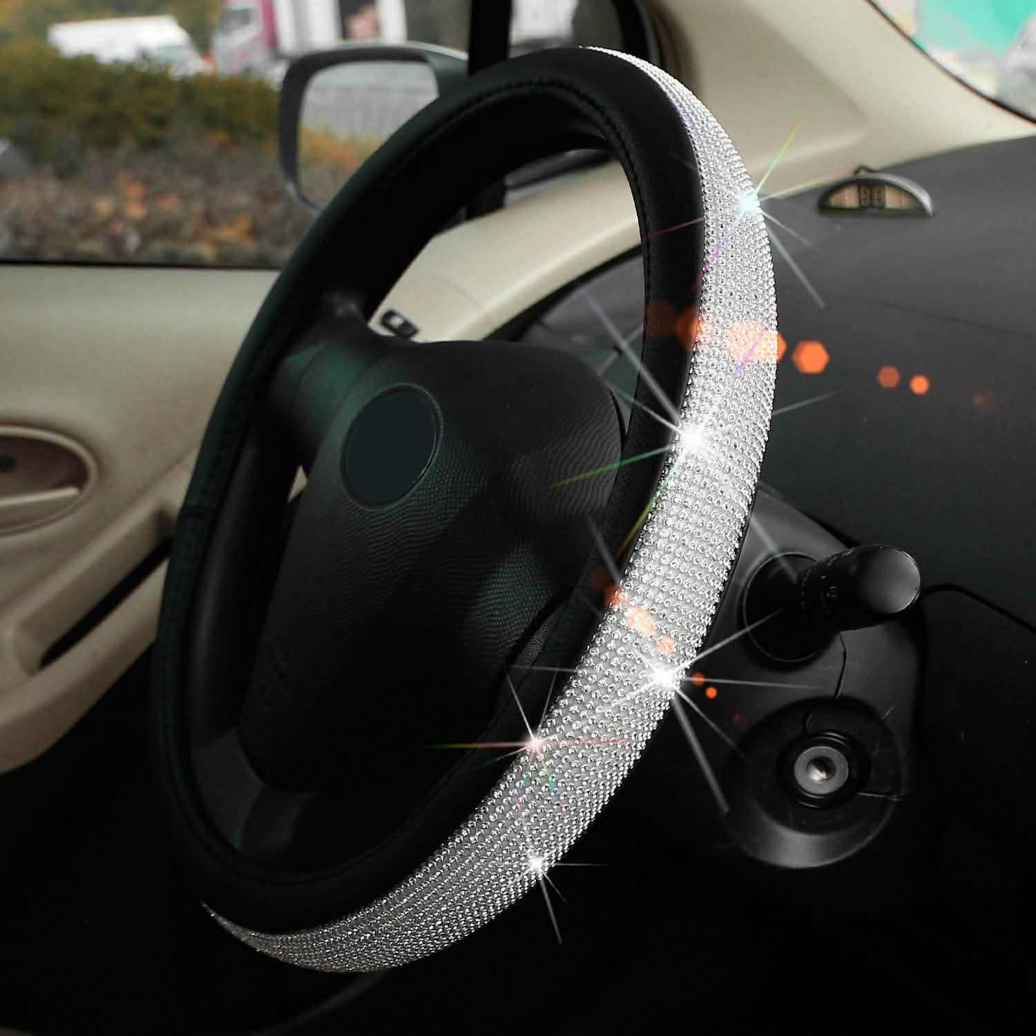 Leather Diamond Rhinestone Car SUV Steer Protector Silver Automotive - Tophatter Daily Deals