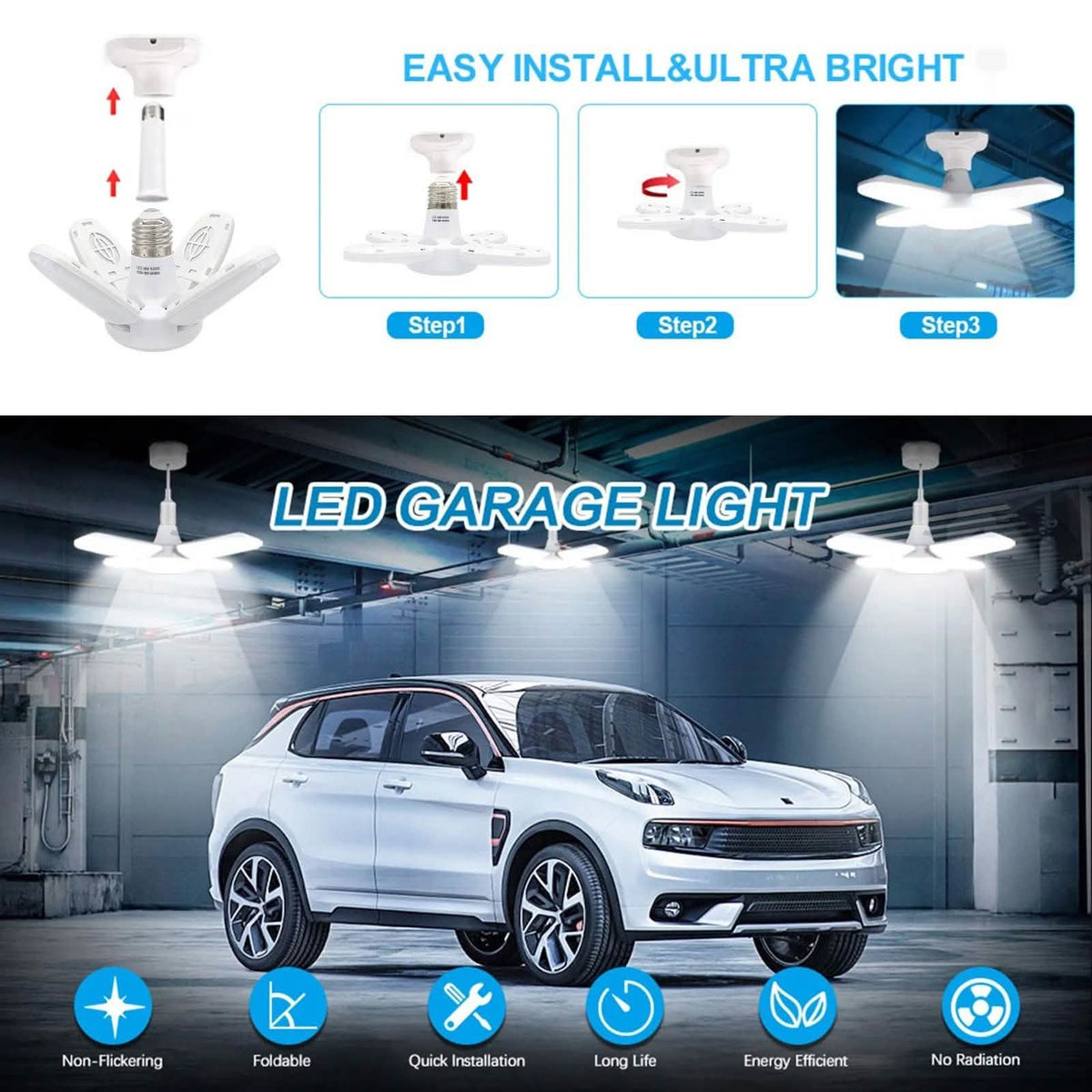 LED Dimmable Garage Ceiling Lights with 4 Adjustable Panels Indoor Lighting - Tophatter Daily Deals