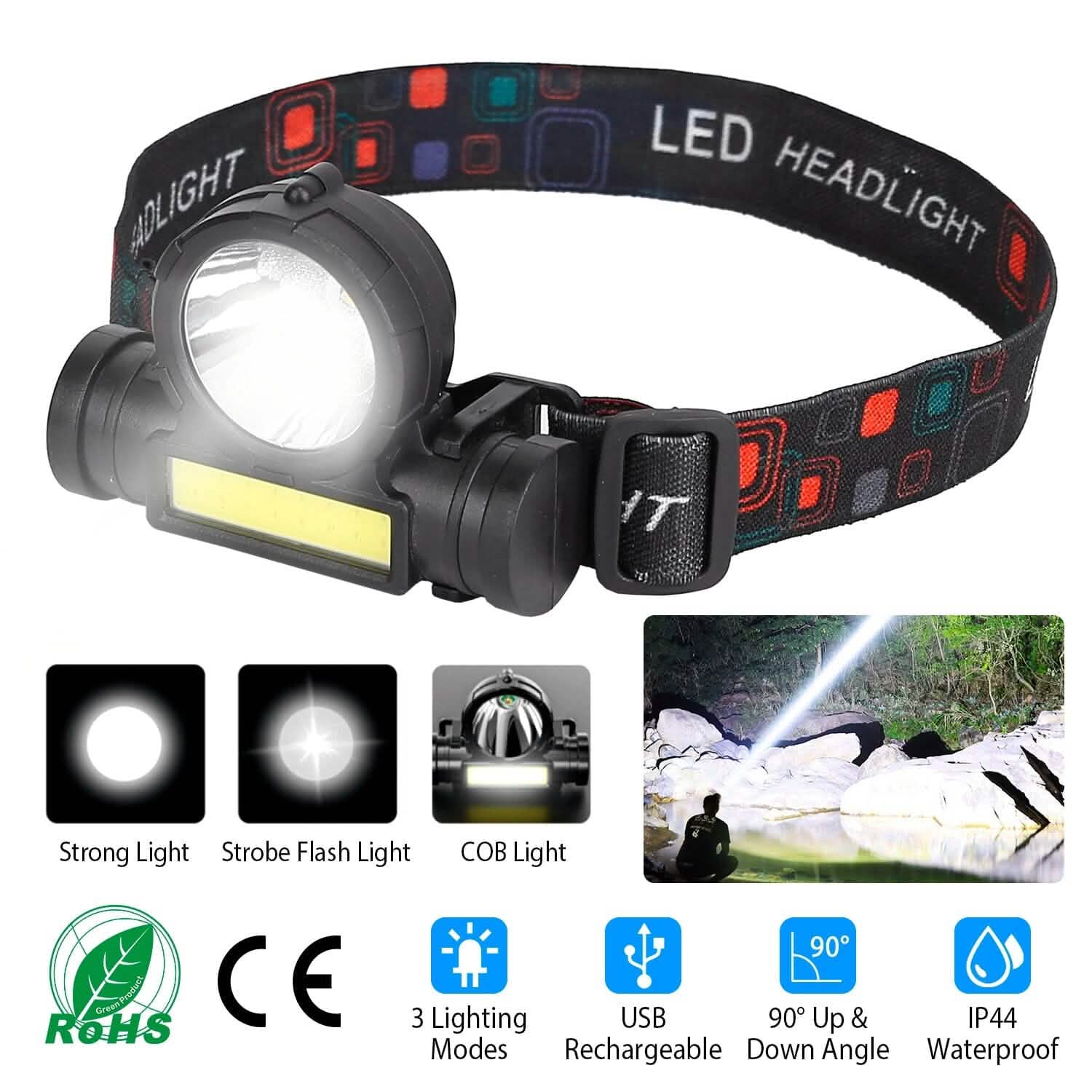 LED Headlight Super Bright Head Torch with 3 Lighting Modes Outdoor Recreation - Tophatter Daily Deals