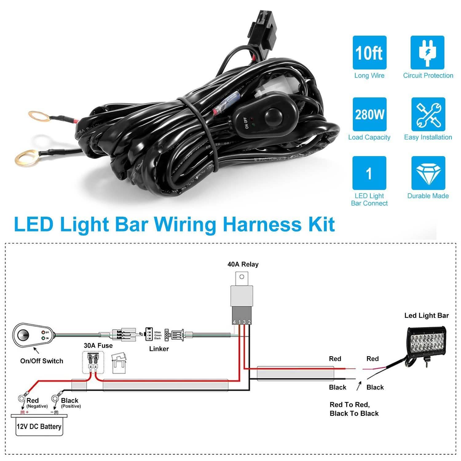 LED Light Bar Wiring Harness Kit Universal Fitment Automotive - Tophatter Daily Deals