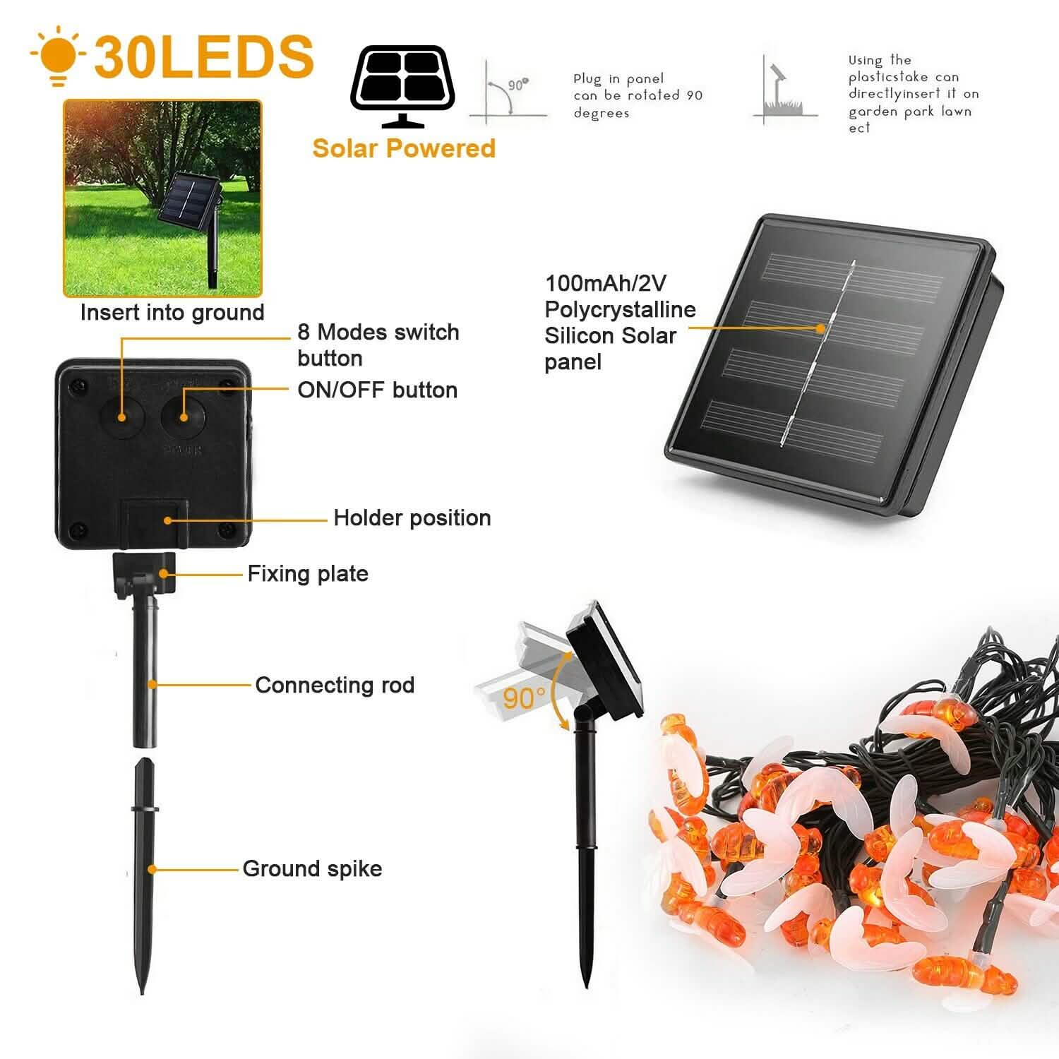 LED Solar String Bee Lights 30 Honeybees String & Fairy Lights - Tophatter Daily Deals