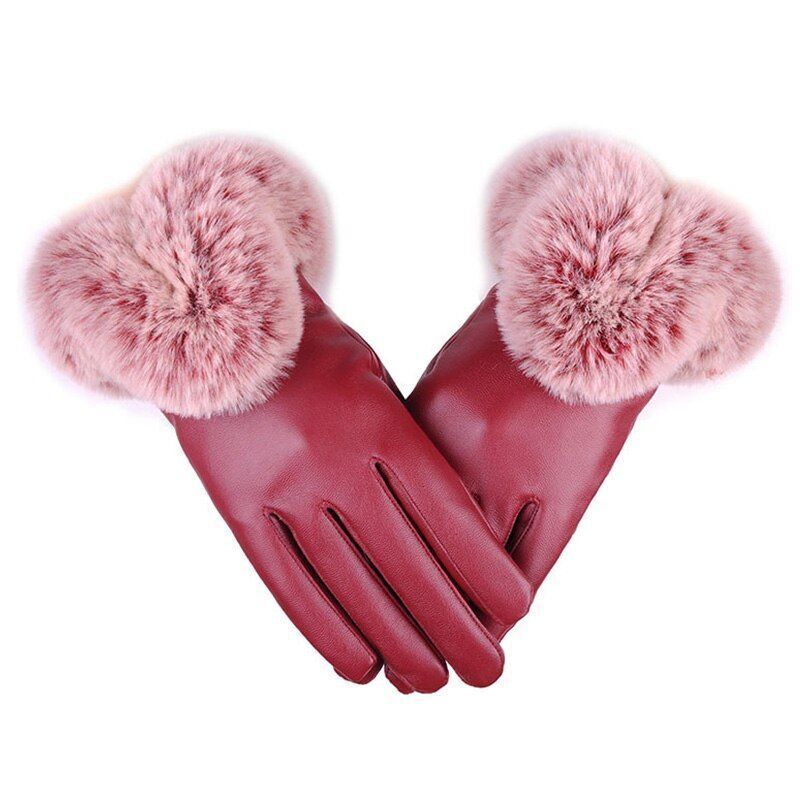 Warm Women's Leather Gloves - Faux Fur Cuff, Touchscreen Bordeaux - Tophatter Daily Deals