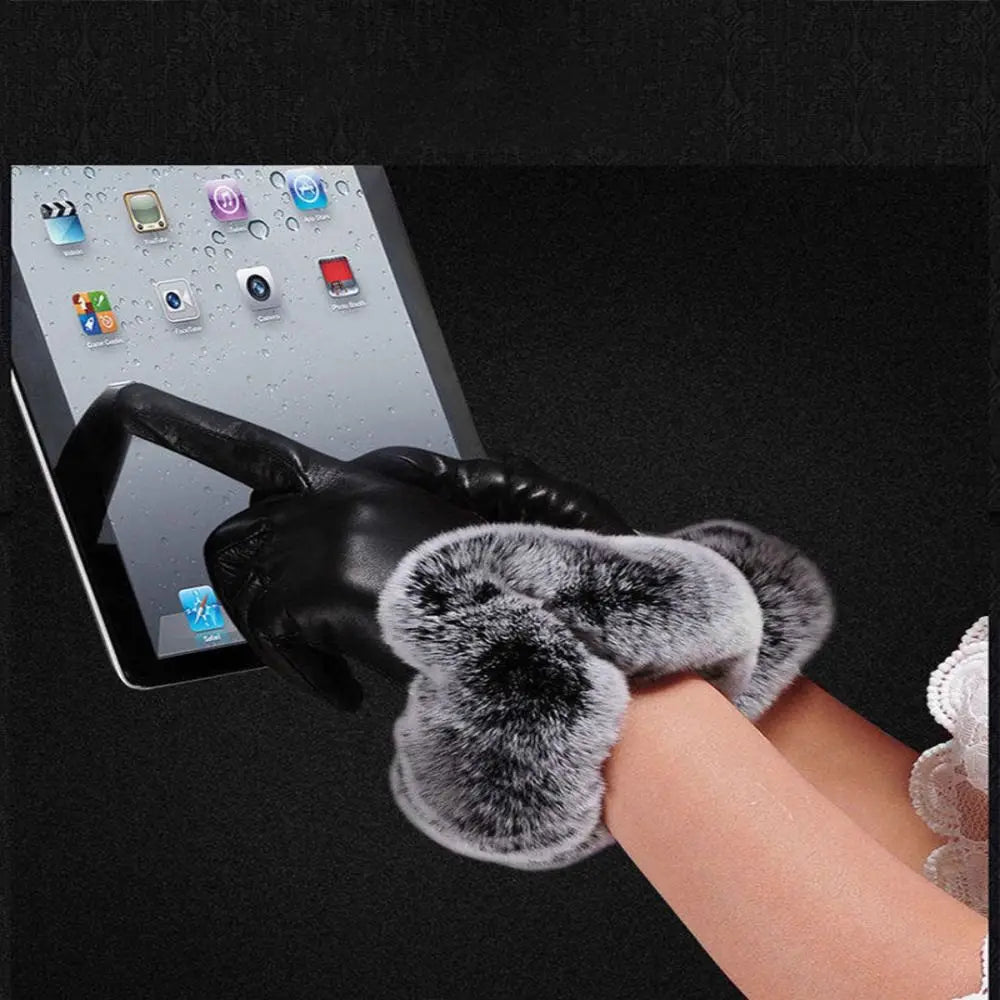Warm Women's Leather Gloves - Faux Fur Cuff, Touchscreen - Tophatter Daily Deals