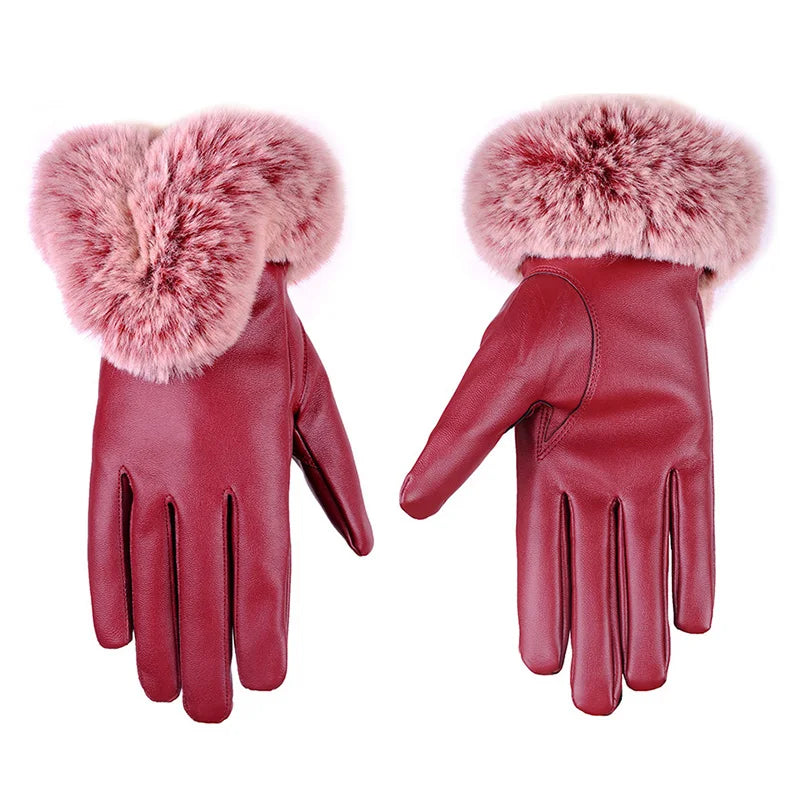 Warm Women's Leather Gloves - Faux Fur Cuff, Touchscreen - Tophatter Daily Deals