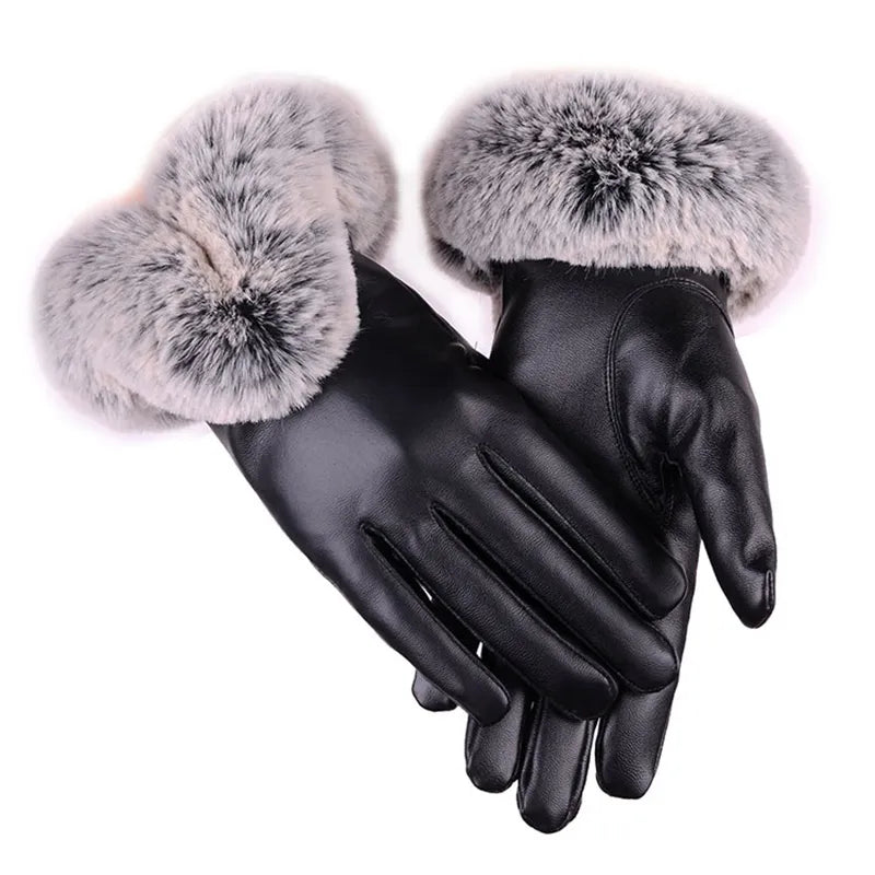 Warm Women's Leather Gloves - Faux Fur Cuff, Touchscreen Black - Tophatter Daily Deals