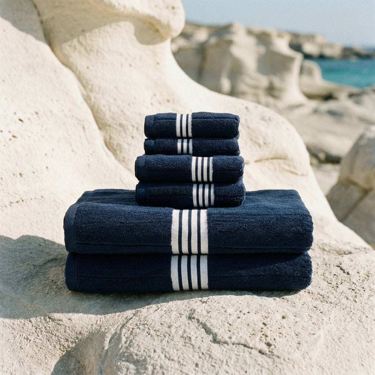Nautilus Australian Cotton Towels Navy & White Luxe Set (Set of 6 with Bath Sheets) Bath - Tophatter Daily Deals