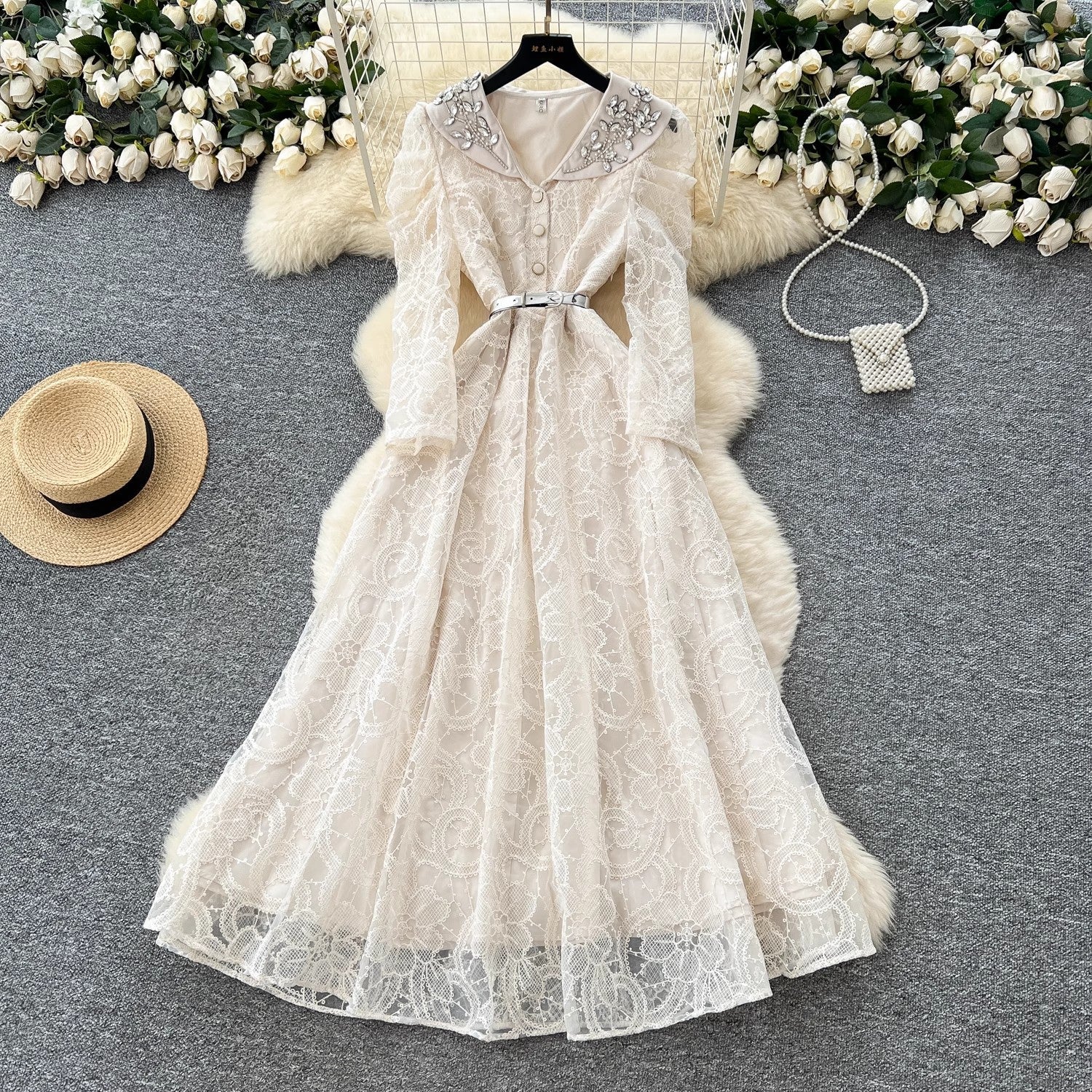 Luxury Beading Lace Embroidered Formal Evening Dress Apricot Maxi Dresses - Tophatter Daily Deals