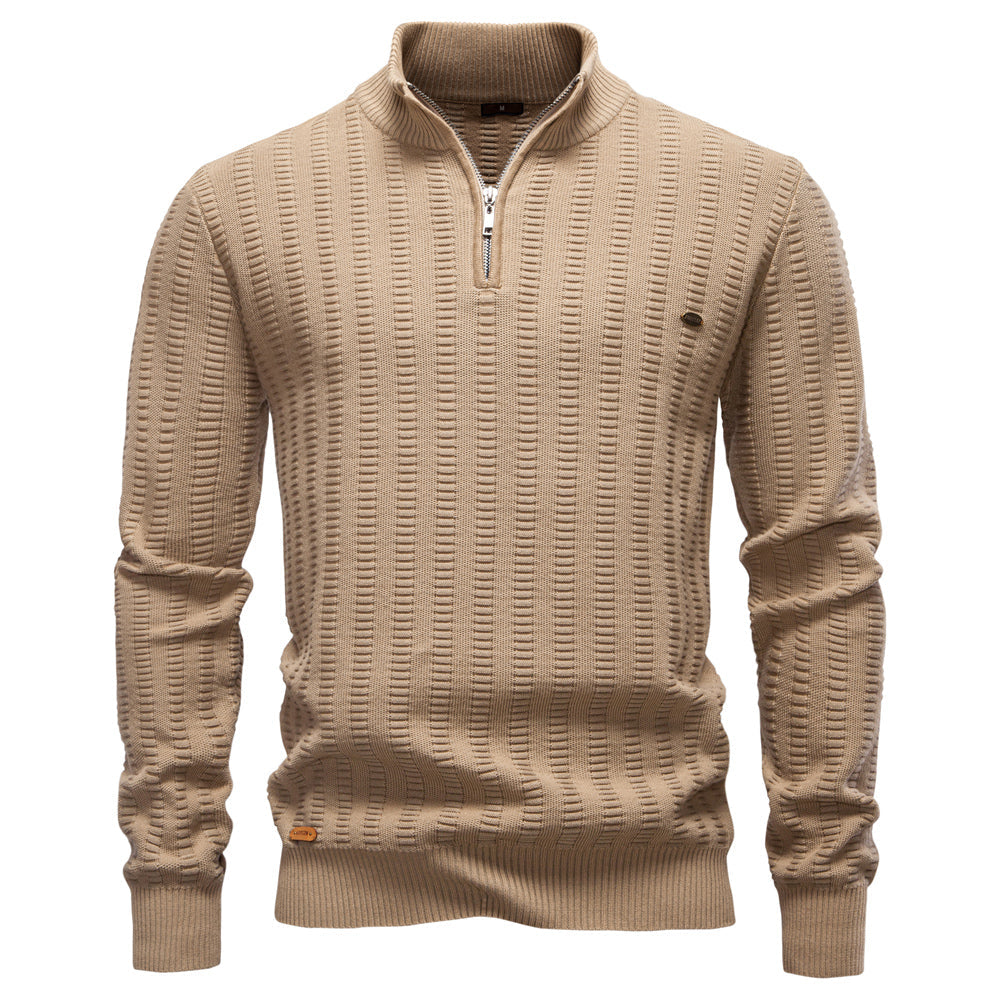 Luxury Striped Thick Warm Crew Neck Winter Sweater Khaki Men's Clothing - Tophatter Daily Deals