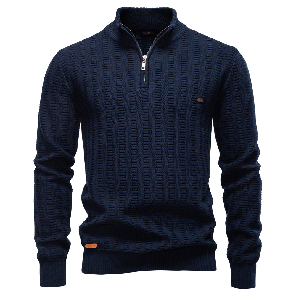 Luxury Striped Thick Warm Crew Neck Winter Sweater Navy Blue Men's Clothing - Tophatter Daily Deals