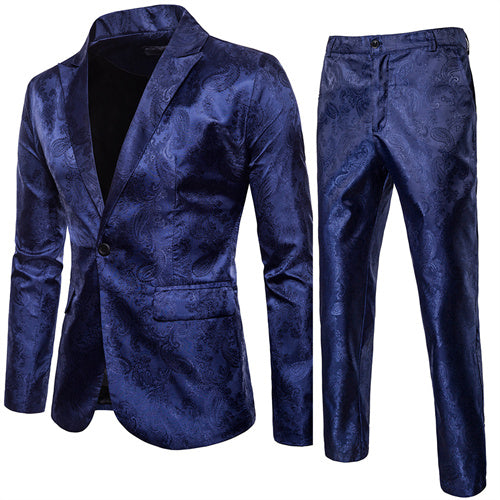 Luxury Tuxedo Dress Men Party Jacquard Suit and Pant Set Navy Blue Men Blazer - Tophatter Daily Deals