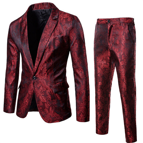 Luxury Tuxedo Dress Men Party Jacquard Suit and Pant Set Wine Red Men Blazer - Tophatter Daily Deals