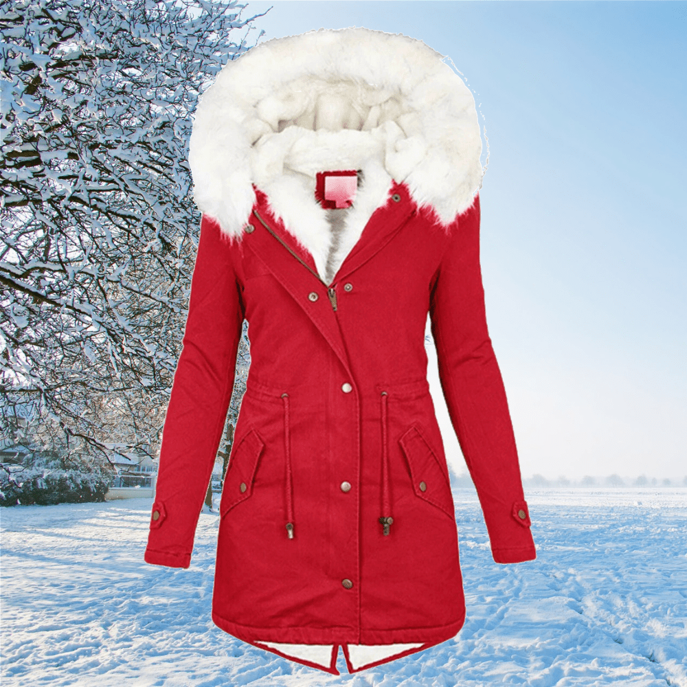 Warm Women’s Parka - Mid Thigh Tailored, Faux Fur, Winter Red - Tophatter Daily Deals
