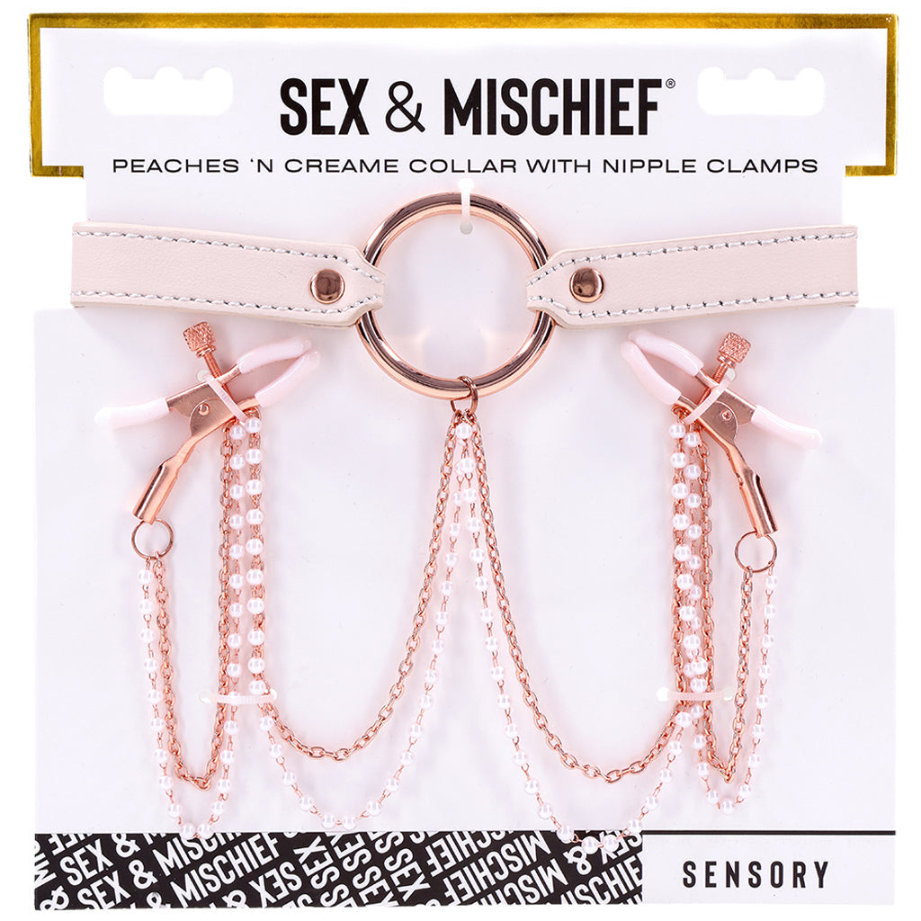S&M Peaches 'n CreaMe Collar with Nipple Clamps - Tophatter's Adult Products Bondage and Fetish > Nipple Stimulators & Clamps - Tophatter Daily Deals