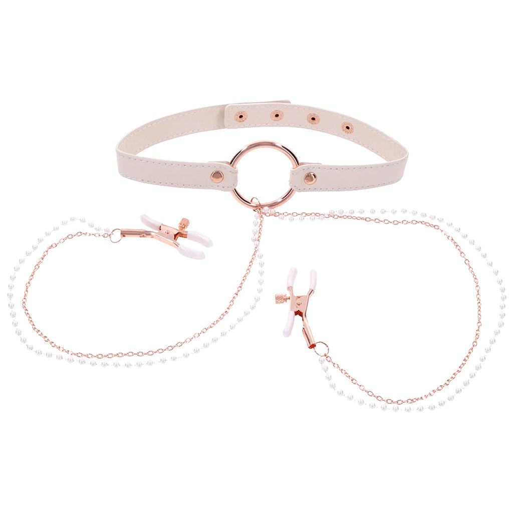 S&M Peaches 'n CreaMe Collar with Nipple Clamps - Tophatter's Adult Products Bondage and Fetish > Nipple Stimulators & Clamps - Tophatter Daily Deals