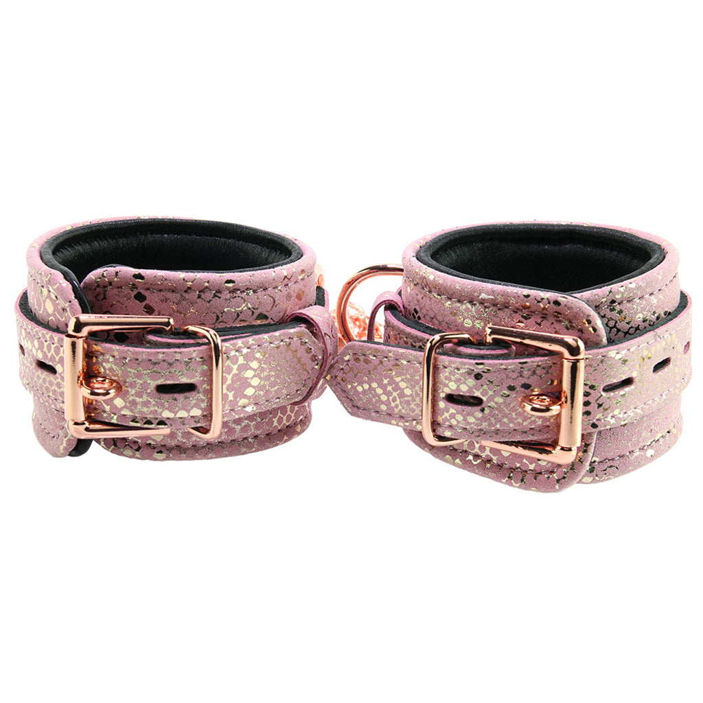 Locking Leather Wrist Restraint Cuffs in Pink Snake Print - Tophatter's Adult Products Bondage and Fetish > Wrist and Ankle Cuffs - Tophatter Daily Deals