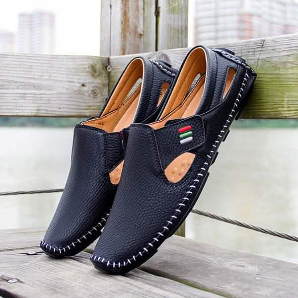 Men Casual Shoes Slip on Hollow Leather Men Shoes Black Men's Shoes - Tophatter Daily Deals