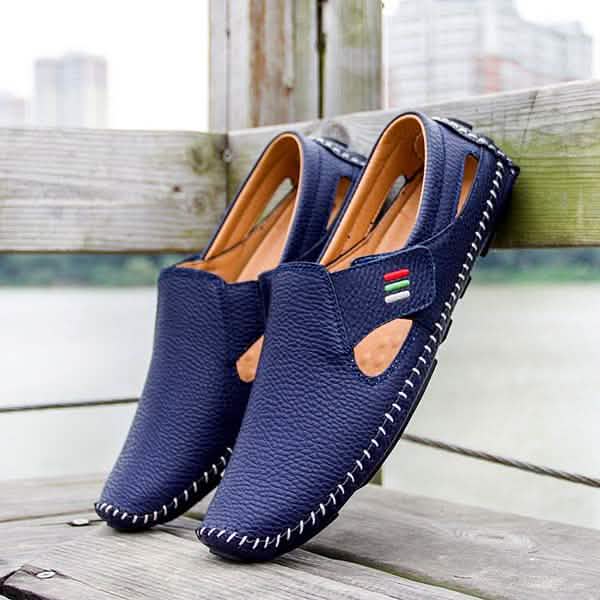 Men Casual Shoes Slip on Hollow Leather Men Shoes Blue Men's Shoes - Tophatter Daily Deals