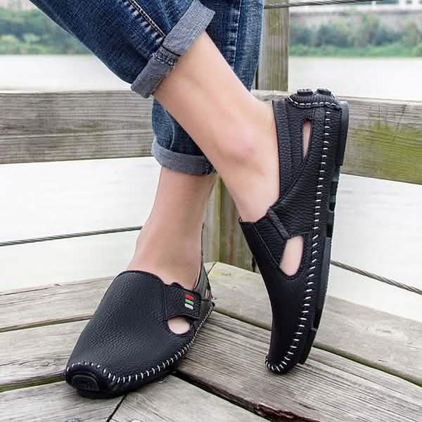 Men Casual Shoes Slip on Hollow Leather Men Shoes Men's Shoes - Tophatter Daily Deals