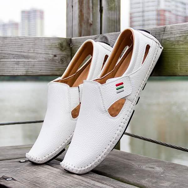 Men Casual Shoes Slip on Hollow Leather Men Shoes White Men's Shoes - Tophatter Daily Deals