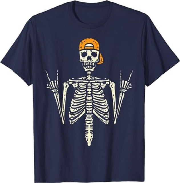 Men Cotton Rocker Skeleton T Shirt Navy Blue Tee - Tophatter Daily Deals