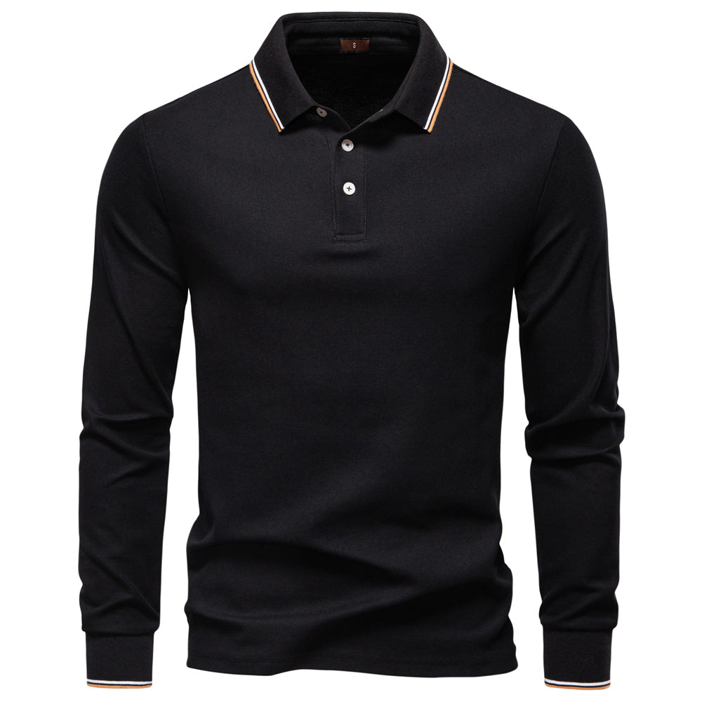 Men Cotton Solid Color Long Sleeve Polo Sweater Black Men's Clothing - Tophatter Daily Deals