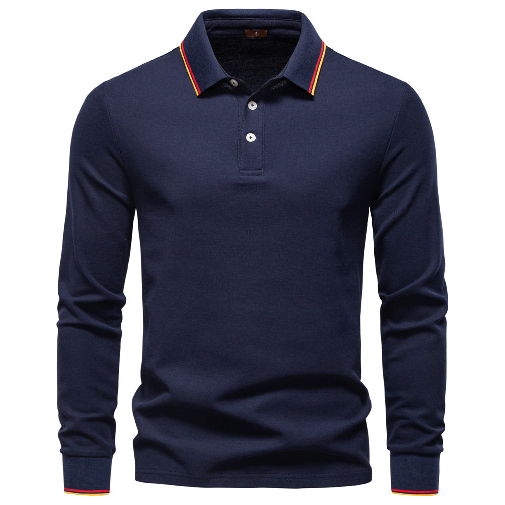 Men Cotton Solid Color Long Sleeve Polo Sweater Navy Blue Men's Clothing - Tophatter Daily Deals