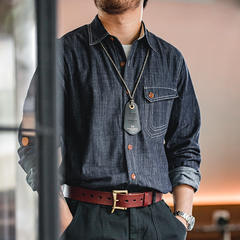 Men Jeans Indigo Washed Solid Work Shirt Men's Clothing - Tophatter Daily Deals