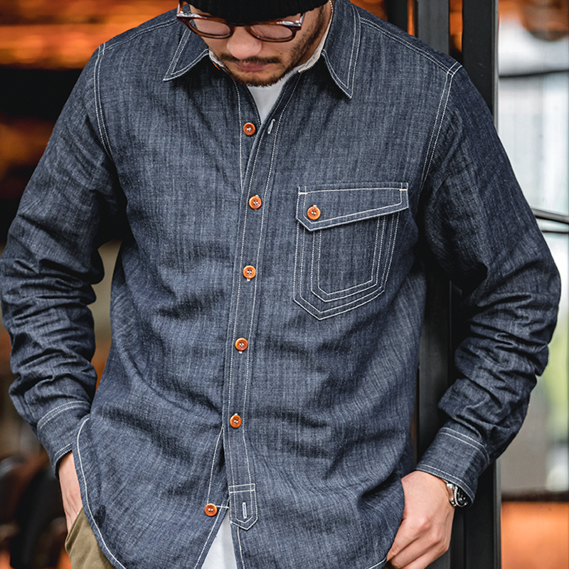 Men Jeans Indigo Washed Solid Work Shirt Men's Clothing - Tophatter Daily Deals