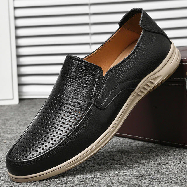 Men Leather Breathable Loafers Black-hole Men Shoes - Tophatter Daily Deals