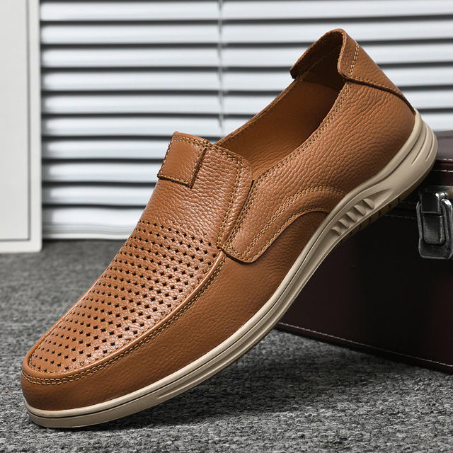 Men Leather Breathable Loafers Brown-hole Men Shoes - Tophatter Daily Deals