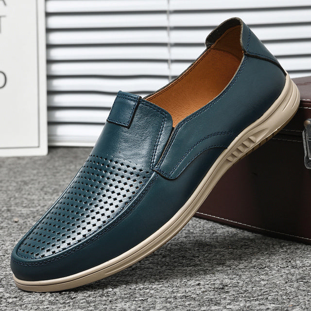 Men Leather Breathable Loafers Blue-hole Men Shoes - Tophatter Daily Deals