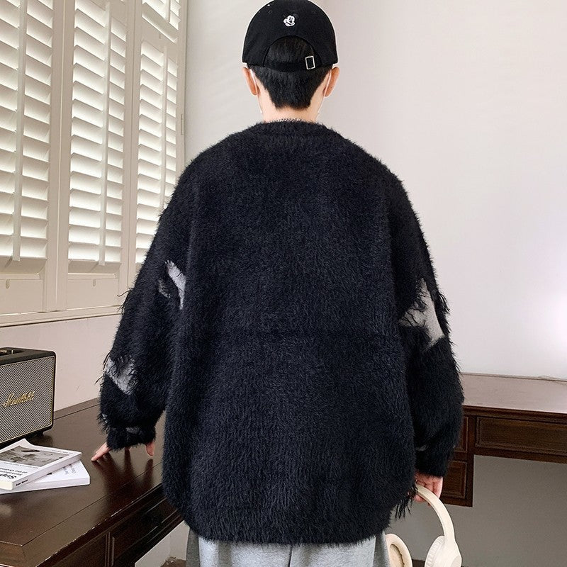 Ripped Sweater Men Loose Crew Neck Knit Bottom Shirt Men's Clothing - Tophatter Daily Deals