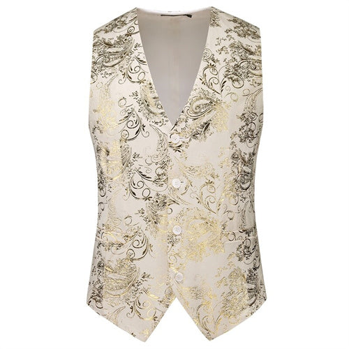 Men Luxury Velvet Suit Vest Hot Gold Printed Top Beige Men Blazer - Tophatter Daily Deals